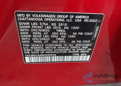 2022 Volkswagen Atlas 3.6L V6 Se W/Technology z USA, uszkodzony, nr VIN 1V2JR2CA4NC545536